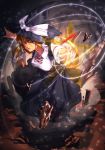  1girl blonde_hair bow braid green_eyes hat hat_bow kirisame_marisa long_hair long_skirt magic outstretched_arms rock short_sleeves side_braid single_braid skirt solo star touhou very_long_hair witch_hat 