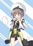  barefoot breasts brown_hair cleavage grey_eyes hair_ornament hairclip hat lyrical_nanoha mahou_shoujo_lyrical_nanoha_strikers open_mouth solo tears translation_request yagami_hayate 