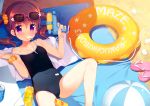  ahoge ball bare_shoulders beachball blush breasts brown_hair casual_one-piece_swimsuit cleavage copyright_request cream flip-flops innertube leg_up long_hair lying meito_(maze) mouth_hold on_back one-piece_swimsuit popsicle purple_eyes sample sandals school_swimsuit scrunchie solo strap_slip sunglasses sunglasses_on_head sweat swimsuit twintails violet_eyes water_gun wristband 