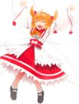  3d_(artist) :d ahoge arms_up ascot blonde_hair bow closed_eyes eyes_closed fang hair_ornament long_sleeves mary_janes obi open_mouth outstretched_arms shoes short_hair smile solo sunny_milk touhou twintails white_background wide_sleeves wings 