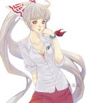  bangs blunt_bangs breasts cigarette_box cleavage fujiwara_no_mokou hand_on_own_face highres light_smile long_hair ponytail poruhi red_eyes shirt silver_hair sleeves_rolled_up solo touhou very_long_hair white_background white_shirt 