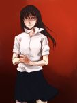  1girl black_hair cracking_knuckles crazy_eyes ishido_natsuo long_hair school_uniform shirt short_sleeves skirt smile solo teppuu tsukino 