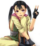  :d black_hair blush chiko_(kanhogo) dragon_quest dragon_quest_iii fighter_(dq3) fingerless_gloves gloves open_mouth purple_eyes smile solo twintails v violet_eyes 