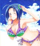  bikini blue_hair breasts cleavage cloud clouds flower frilled_bikini frills front-tie_top hair_flower hair_ornament idolmaster large_breasts miura_azusa navel pink_eyes shirakaba_masara short_hair side-tie_bikini sky solo swimsuit traditional_media wink 