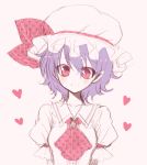  ascot brooch bust clear_moon hat head_tilt heart jewelry pointy_ears purple_hair red_eyes remilia_scarlet short_hair simple_background slit_pupils smile solo touhou 