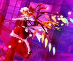  1girl alternate_eye_color blonde_hair blush bow danmaku fang flandre_scarlet hat hat_ribbon highres laevatein long_hair open_mouth pink_eyes puffy_sleeves ribbon rouge16 short_sleeves side_ponytail solo touhou weapon wings wrist_cuffs 