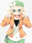  adjusting_glasses bag bel_(pokemon) beret blonde_hair blush bow checkered checkered_background cowboy_shot glasses green_eyes hat jacket pokemon pokemon_(game) pokemon_bw2 rakkogawa_rinro semi-rimless_glasses short_hair shoulder_bag smile solo thigh_gap thighs under-rim_glasses v-neck 