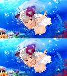  :d bare_legs barefoot bow collarbone coral dress fish flower freediving fujiwara_no_mokou hair_bow hair_flower hair_ornament highres long_hair looking_at_viewer matsuzou ocean open_mouth purple_eyes revision silver_hair smile solo sundress swimming touhou underwater violet_eyes water white_dress yuuji_(yukimimi) 