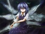  blue_eyes blue_hair border_of_season bow cirno dual_wielding grin hair_bow ice ice_sword ice_wings magic magical_girl ribbon short_hair smile solo sword touhou weapon wings 