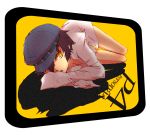  cabbie_hat hair_over_one_eye hat labcoat legs looking_at_viewer persona persona_4 r2r008 shirogane_naoto short_hair television thighs title_drop yellow_eyes 