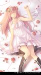  boots daphine78805 dress flower head_wreath just_be_friends_(vocaloid) long_hair lying megurine_luka on_back petals pink_hair red_string rose rose_petals sleeping solo string vocaloid 