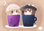  aenobas blonde_hair bow brown_eyes brown_hair chibi crescent cup hammer_(sunset_beach) hat hat_bow in_container in_cup maribel_hearn multiple_girls outline purple_eyes smile touhou usami_renko violet_eyes 