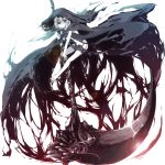  barefoot child cloak death_(entity) floating gradient grim_reaper highres hizuki_reno hood lens_flare looking_at_viewer monochrome navel nude original scythe short_hair simple_background solo torn_clothes white_background white_hair 