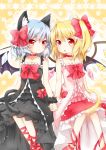  alternate_costume animal_ears bat_wings bell black_dress blonde_hair blue_hair bow cat_ears cat_tail choker collarbone crystal dress flandre_scarlet frills hair_bow hand_holding holding_hands kemonomimi_mode mi_hitsuji multiple_girls open_mouth pink_dress red_eyes remilia_scarlet siblings side_ponytail sisters sleeveless tail touhou wings wrist_cuffs 