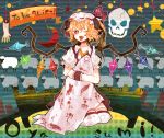  ascot bad_id blanket blonde_hair blush cheep crescent engrish fang flandre_scarlet hands hat hat_ribbon highres open_mouth ranguage red_eyes ribbon ringetsumon sheep short_hair short_sleeves side_ponytail skirt skull smile solo star text thigh-highs thighhighs tongue tongue_out touhou white_legwear wings wink 