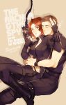  1girl avengers black_widow black_widow_(marvel) bodysuit bow_(weapon) breasts brown_hair center_opening cleavage clint_barton closed_eyes eyes_closed fingerless_gloves from_behind gloves green_eyes hawkeye_(marvel) hug hug_from_behind marvel natasha_romanoff omix red_hair redhead short_hair weapon 