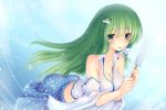  1girl bare_shoulders blush breasts cleavage detached_sleeves frog_hair_ornament gohei green_eyes green_hair hair_ornament hair_tubes kochiya_sanae long_hair snake solo touhou wading walzrj wide_sleeves 