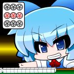  &gt;:d :d blue_dress blue_eyes blue_hair bow chibi cirno dress grin hair_bow mahjong mahjong_tile open_mouth short_hair smile solo touhou yamato_damashi 