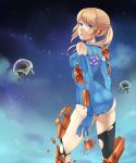  1girl absurdres adapted_costume ass blonde_hair blue_eyes from_behind highres metroid metroid_(creature) nintendo ponytail samus_aran torn_clothes ushio_(starchild720) zero_suit 