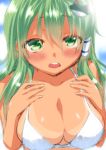  bare_shoulders bikini_top blush breast_suppress breasts cleavage frog_hair_ornament green_eyes green_hair hair_ornament kochiya_sanae large_breasts long_hair looking_at_viewer open_mouth saki_chisuzu snake solo swimsuit tan tanline touhou 