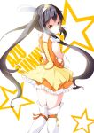 black_hair brown_eyes character_name cure_sunny cure_sunny_(cosplay) dress frills from_behind head_wing head_wings k-on! long_hair looking_back nakano_azusa precure skirt smile smile_precure! solo star suzumeko thigh-highs thighhighs tiara twintails 