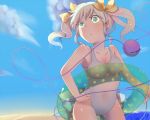  alternate_costume alternate_hairstyle blush bow breasts cleavage closed_eyes cloud clouds collarbone eyeball eyes_closed green_eyes hair_bow innertube komeiji_koishi long_hair one-piece_swimsuit open_mouth shiratama_(868612) silver_hair sky solo standing swimsuit third_eye touhou twintails 