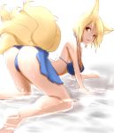  all_fours animal_ears ass bent_over bikini blonde_hair dearmybrothers fox_ears fox_tail from_behind highres looking_back multiple_tails sarong solo swimsuit tail touhou water wet yakumo_ran yellow_eyes 