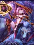  armor artist_request breasts claws cleavage earrings edobox elbow_gloves fur gloves hat holding horns jewelry lion monster navel orange_eyes original pale_skin parted_lips pink_hair red_eyes sitting sitting_on_person sorceress staff thigh-highs thighhighs witch witch_hat 