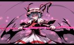  adapted_costume alternate_eye_color ascot blue_hair capelet constricted_pupils crazy_smile hat polearm purple_eyes remilia_scarlet shiba_yuuki short_hair solo spear spear_the_gungnir touhou violet_eyes weapon wings wrist_cuffs 