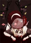  black_sclera blonde_hair blood chain chains crystal dress fangs flandre_scarlet floor hat open_mouth pale_skin red_eyes sai_(artist) short_hair short_sleeves skirt slit_pupils solo top-down_bottom-up touhou vampire wings wristband 