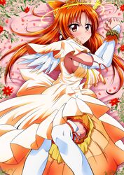  bdsm bike_shorts bondage breasts brown_eyes cure_sunny dress flower hair_bun halo hino_akane long_hair lying magical_girl orange_dress orange_hair precure princess_form_(smile_precure!) sanaemaru shorts_under_skirt shy sideboob skirt smile_precure! solo thigh-highs thighhighs tiara white_legwear 