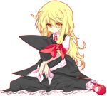  blonde_hair hat hat_removed headwear_removed holding kirisame_marisa light_smile long_hair mary_janes orange_eyes outline shamo_(koumakantv) shoes simple_background sitting solo touhou underwear white_background witch_hat 