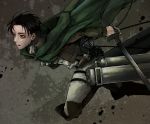  1boy black_eyes black_hair boots cape jacket levi_(shingeki_no_kyojin) mii_(aad378) shingeki_no_kyojin solo sword thigh_strap three-dimensional_maneuver_gear weapon 