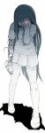  android bad_id covering_face glowing glowing_eye highres long_hair long_image monochrome original red_eyes shadow simple_background sketch skirt solo spot_color standing sukabu tall_image very_long_hair white_background 
