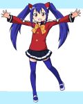  :d blue_hair blue_legwear blush fairy_tail full_body mary_janes masaki_itsuki open_mouth outstretched_arms skirt smile solo spread_arms thigh-highs thighhighs twintails wendy_marvell zettai_ryouiki 