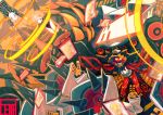  1girl arms_up asgr blonde_hair grin highres long_hair mecha monster open_mouth original poster poster_(object) science_fiction short_hair smile tentacle tentacles upside-down yellow_eyes 