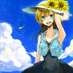  armpits blonde_hair blue_eyes cloud clouds cropped_jacket dress flower hand_on_hat hat hizuki_reno jacket long_hair looking_at_viewer open_mouth original sky solo sun_hat sunflower 