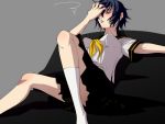  ass blue_hair blush breasts closed_eyes eyes_closed hand_in_hair houndstooth kknoe legs persona persona_4 school_uniform serafuku shirogane_naoto short_hair sitting skirt solo thighs 