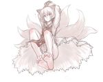  animal_ears arms_up barefoot feet fox_ears fox_tail highres kuro_suto_sukii legs monochrome multiple_tails short_hair soles solo tail toe_scrunch toes touhou yakumo_ran 