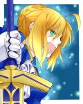  ahoge armor dress excalibur fate/stay_night fate_(series) gauntlets green_eyes hair_bun oekaki-daisuki-dessu open_mouth saber solo sword weapon 