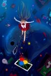  blue_rose bouquet brown_hair bubble doll eve_(ib) fish flower hands ib ib_(ib) lady_in_green_(ib) long_hair mannequin outstretched_arms painting painting_(object) petals pleated_skirt red_eyes red_rose reiichi rose sharp_teeth skirt solo umbrella underwater yellow_rose 