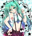  checkered checkered_background chigo gradient_hair green_eyes green_hair hand_on_hip hatsune_miku hips microphone multicolored_hair nail_polish navel necktie skirt smile solo suspenders twintails vocaloid wrist_cuffs 