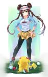  1girl absurdres brown_hair double_bun hands_on_hips highres legs light_smile long_hair mei_(pokemon) pantyhose pikachu poke_ball pokemon pokemon_(creature) pokemon_(game) pokemon_bw pokemon_bw2 shoes skirt sneakers srx61800 twintails visor 