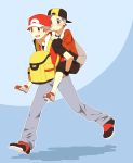  2boys backpack bag baseball_cap blue_background blush carrying gold_(pokemon) hat highres multiple_boys open_mouth piggyback pokemon pokemon_(game) pokemon_frlg pokemon_hgss pumpkinpan red_(pokemon) red_(pokemon)_(remake) running 