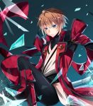  alternate_color blazblue blonde_hair blue_background blue_eyes boots highres ice jin_kisaragi kisaragi_jin male pants qitoli serious solo 