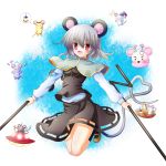 1girl ? ahoge animal animal_ears asymmetrical_wings capelet closed_eyes crystal dowsing_rod grey_hair hair_ornament heart heart_tail hijiri_byakuren houjuu_nue jeweled_pagoda jewelry karakasa_obake kumoi_ichirin long_sleeves mouse mouse_ears mouse_tail nazrin open_mouth osashin_(osada) outstretched_arms pendant polearm red_eyes ring shin_osada short_hair solo sorcerer&#039;s_sutra_scroll tail tatara_kogasa tongue toramaru_shou touhou trident ufo umbrella undefined_fantastic_object unzan weapon wings