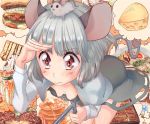 :&gt; animal_ears animal_on_head blush breasts cheese cream_(nipakupa) down_blouse dowsing_rod food grey_hair imagining jeweled_pagoda mouse mouse_ears nazrin red_eyes saliva short_hair solo tail touhou