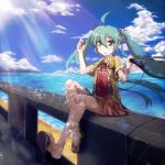  beach cloud clouds drpow earphones feet hatsune_miku sandals shoe_dangle sky sunlight toes tom_(drpow) twintails vocaloid 