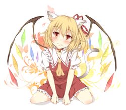  animal_ears ascot bell blonde_hair blush cat_ears cat_tail choker fang flandre_scarlet highres kemonomimi_mode red_eyes sisterakuma solo tail touhou wings 