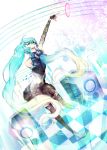  black_legwear blue_hair checkered checkered_floor digital_dissolve elbow_gloves fingerless_gloves gloves hatsune_miku highres holding kakage long_hair microphone open_mouth outstretched_arm skirt solo speaker thigh-highs thighhighs twintails very_long_hair vocaloid 